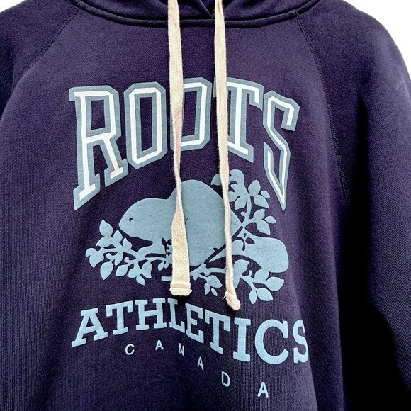 ROOTS Hoodie Large Navy Blue Graphic Roots Athletics Womens Cropped Pullover - Picture 2 of 9